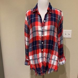 Aerie Red navy plaid shirt small leggings tunic pocket flannel shirt